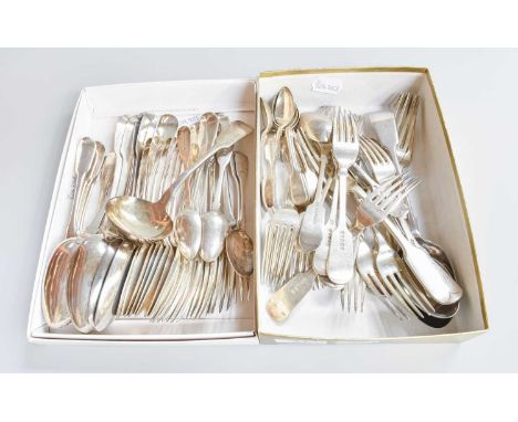 A Collection of George III and Later Silver Flatware, Fiddle pattern, comprising:6 table-spoons6 table-forks8 dessert-spoons5