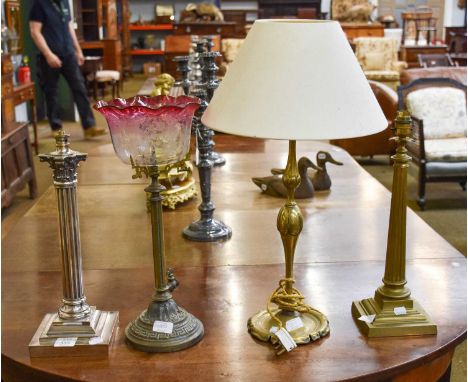 Silver Plated Table Lamp,  two brass lamps and a gas table lamp with Cranberry Shade