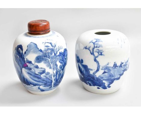 A Chinese Porcelain Jar, Chenghua reign mark but not of the period, painted in underglaze blue with a mountainous landscape a