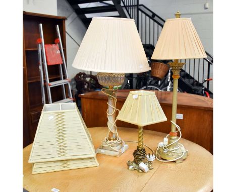 An Onyx Table Lamp, with brass Corinthian cap, clear glass reservoir and stepped square plinth base (converted oil lamp), tog