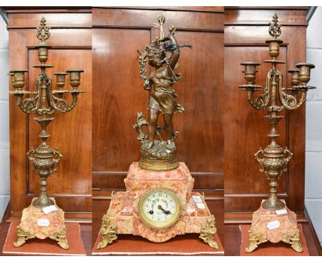 A Marble and Gilt Metal Mounted Striking Mantel Clock Garniture, clock 51cm high, 5 branch candlestick garniture, 59cm high