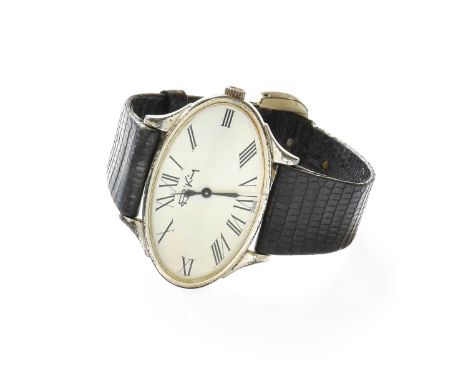 A Sterling Silver Roy King Wristwatch, 1975, manual wound lever movement, oval shaped dial with Roman numerals, case back wit