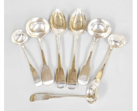 A Collection of Assorted George III and Later Silver Flatware, comprising a George III Scottish Fiddle Shell pattern toddy-la