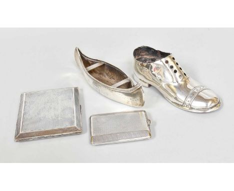 Four Silver Items, comprising a pin-cushion in the form of a shoe, the cushion lacking, filled, 12.7m long; a silver model of