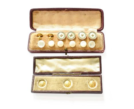 A Quantity of Buttons and Dress Studs, comprising of six mother-of-pearl buttons, four mother-of-pearl and green enamel butto