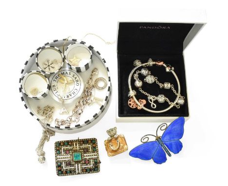 A Quantity of Jewellery, comprising of three Pandora bracelets; a Butler &amp; Wilson brooch; an enamel butterfly brooch; a n