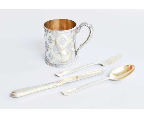 A Victorian Silver-Gilt Christening Set, by George Aldwinckle, London, 1876 and 1877, each piece engraved with foliage and la