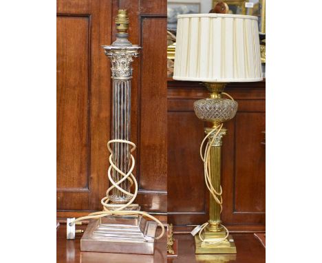 A Silver Plated Corinthian Columnar Table Lamp, on stepped square plinth base, 56cm including fittings, together with a Brass