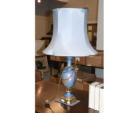 A Sevres Style Gilt Metal Mounted Painted Porcelain Lamp Base, 19th century, decorated with flowers and butterflies, includin