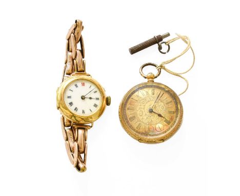 A Lady's 18 Carat Gold Enamel Dial Wristwatch, one bracelet link stamped 9ct, together with a Lady's Fob Watch, case stamped 