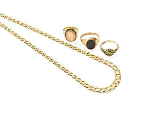 A 9 Carat Tro-Colour Gold Brick Link Necklace, length 42cm; A 9 Carat Gold Hardstone Signet Ring, finger size U1/2; A 22 Cara