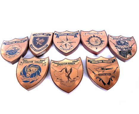 An assortment of Operations Plaques, to include Ranger, Thrasher, Tangent, Splinter, Grapple and more, together with a plaque