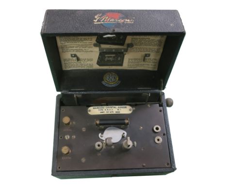 A Crystal radio receiver, Marconiphone Crystal Junior type R.B. 2.A M.1 , in black case with G Marconi and BBC transfers (lac