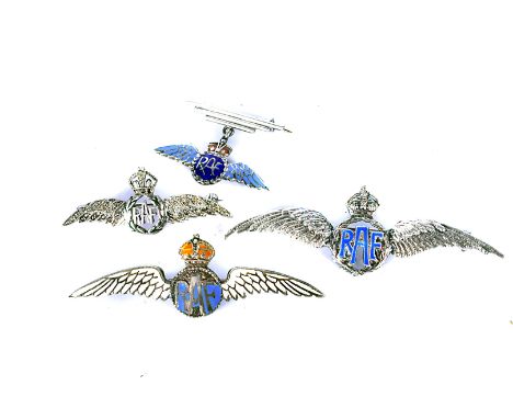 A group of four silver Royal Air Force sweetheart brooches, one with inset paste stones, previously enamelled, the other thre