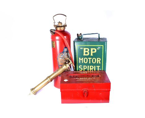 A BP Motor Spirit petrol can, in green with yellow writing, together with a Antifyre extinguisher, an Arnold &amp; Son brass 