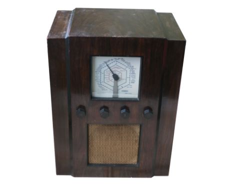 A mains radio receiver, McMichael Model 435, transportable Superhet, 5 valves + rectifier, in upright walnut case with turnta