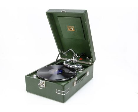A portable gramophone,  HMV model 102C in green case with 5B soundbox, 1937, sold by Palmers, Kettering (case in good conditi