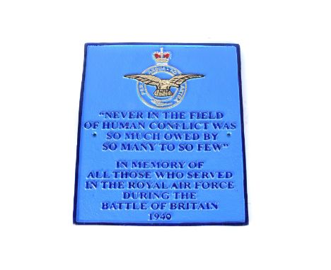 An iron Memorial Plaque for all those who served in the RAF during the Battle of Britain, the modern painted plaque with RAF 