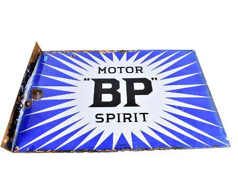 A BP Motor Spirit 'Irish Flash' enamel sign, by Bruton, London, with flange, double-sided, in blue and white with black lette