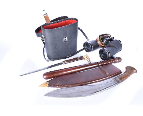 A British Issue WWII Mark 2 Kukri, with turned wooden handle, together with the top of a sword stick, a wooden truncheon and 