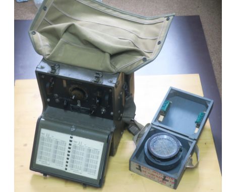 Military equipment, a U.S. Army Frequency Meter, Type BC-221-T, by Zenith Radio Corporation, in khaki-painted case with canva