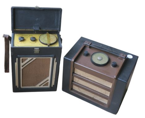 Two portable radio receivers, Wayfarer Major, in leathercloth case with white detailing to the speaker and control panel unde