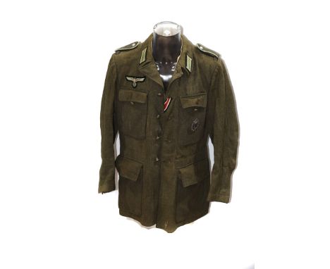 A German Army-Style Jacket, in green Khaki, with cloth eagle and swastika badge, Infantry Assault badge and collar badges ple