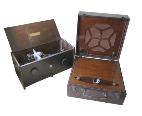 Three radio receivers, a  Rolls Gaydon S.4 with speaker in lid and crocodile-grained case; a Rolls Gaydon Rondo 5-valve porta