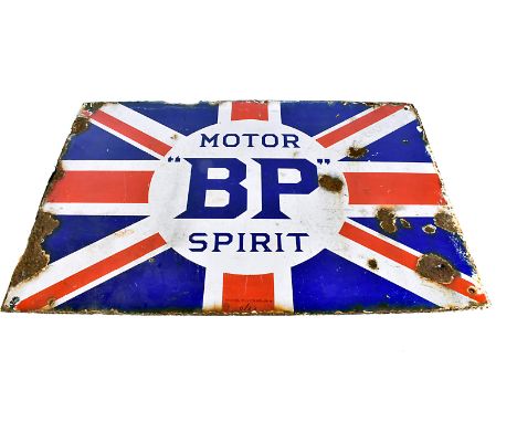 A Motor 'BP' Spirit double-sided enamel sign, by Bruton, Palmers Green, central name on Union flag background, 60.5cm x 40.5c