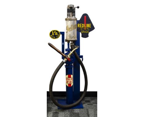 A Vintage Redline 1 Gallon pump, the blue-painted pump with Supafilla Dispensers Ltd of Southampton sign to top of container,