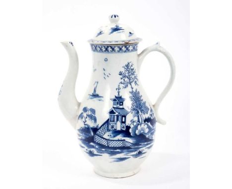 Lowestoft coffee pot and cover, with a curved spout and button finial, painted in blue with a Chinese river scene within diap