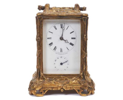 Good quality Victorian Charles Frodsham alarm carriage clock in ornate ormolu case with white enamel dial with subsidiary ala