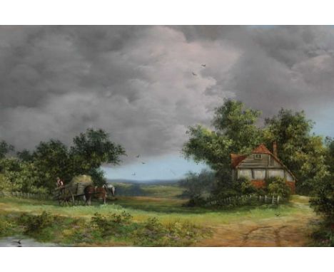 Noel Ripley (b.1944) oil on panel - a hay wagon in rural landscape, signed, in gilt frame, 19cm x 29cm