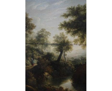 James Stark (1794-1859) oil on panel - figure on a track beside a river, 31cm x 26cm, in gilt frame