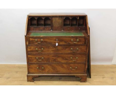 George III mahogany bureau, with fitted interior and four graduated drawers on bracket feet, 105cm wide x 58cm deep x 118cm h
