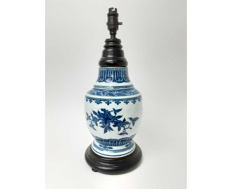 Chinese Qing period blue and white porcelain vase, painted with pomegranates, cut down and converted to a lamp with a good qu