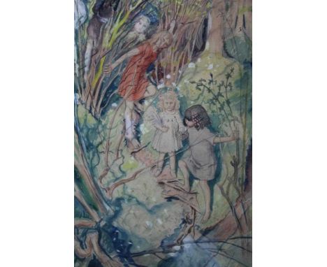 Mark Lancelot Symons (1887-1935) pencil and watercolour illustration - figures in woodland, in glazed frame, 36.5cm x 24cm. I