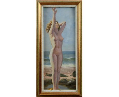 Manner of Laura Knight (1877-1970) oil on panel - a standing female nude on the seashore, 46cm x 18cm, in glazed gilt frame
