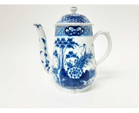 18th century Bow blue and white porcelain coffee pot and cover, decorated with bamboo and other oriental foliage, 19.5cm high