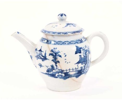 Lowestoft teapot and cover, of globular form with a straight spout and button finial, painted in blue with a Chinese landscap