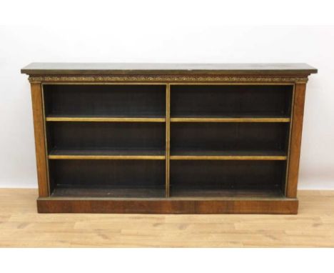 19th century rosewood dwarf open bookcase, with painted top and applied carved gilt frieze, fixed open shelves on plinth base