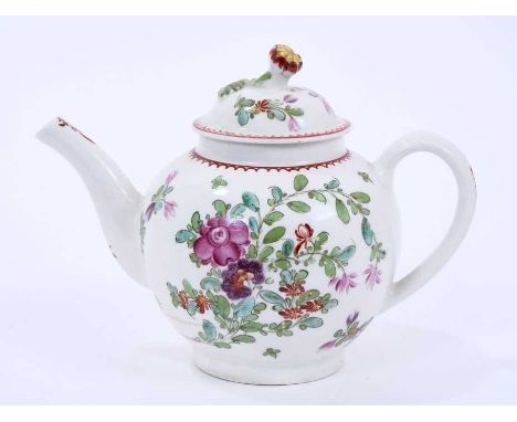 Lowestoft teapot and cover, of globular form with a flower finial and curved spout, painted in Curtis style with flowers with