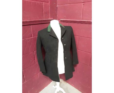 Vintage Moss Bros black hunting coat with green collar and New Forest Buckhounds buttons