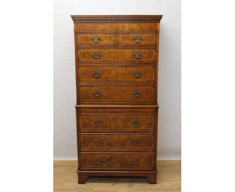 Good quality reproduction burr elm and inlaid chest on chest, with dentil moulded cornice, the upper section with two short o