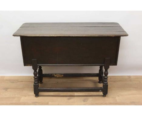 Georgian oak and elm dough trough and cover, typically tapered form on turned legs and stretchers, 110cm wide x 51cm deep x 7