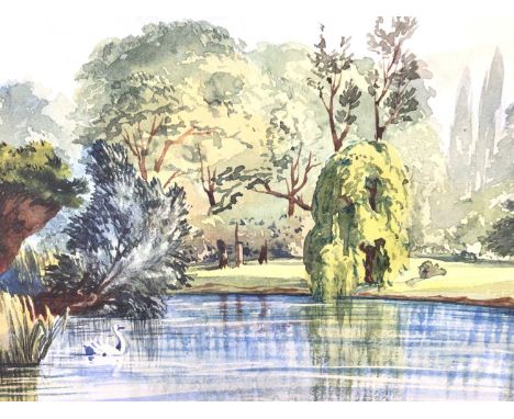 Attributed to Ernest Howard Shepard (1879-1976) watercolour view of The Lake, Regents Park, inscribed verso 'Probably a Sunda