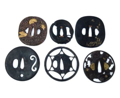 Good collection of six Japanese tsuba, including three 19th/early 20th century examples, with inlaid and gilded metal ornamen