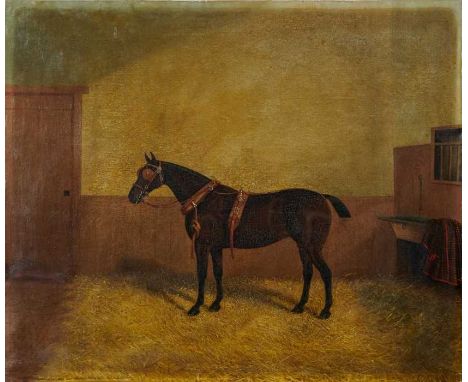 Albert Clarke (1843-1928) oil on canvas - 'Verity', a dark bay horse, in harness in a stable, signed and dated 1885, unframed