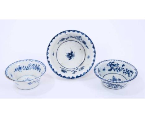 Three Lowestoft patty pans, the first painted in blue with flowers within a berry border, painter's number 6 inside footrim, 