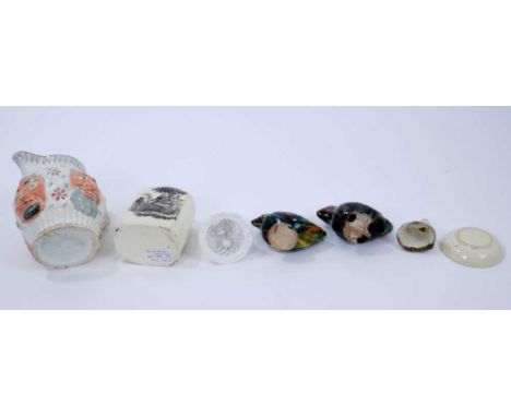 Small collection of ceramics, including a late 18th century Creamware tea canister with printed decoration after Hancock, a C